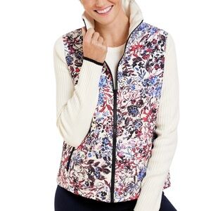 Talbots Quilted Mixed Media Jacket Women’s M Cream Floral Knit Sleeve Full Zip
